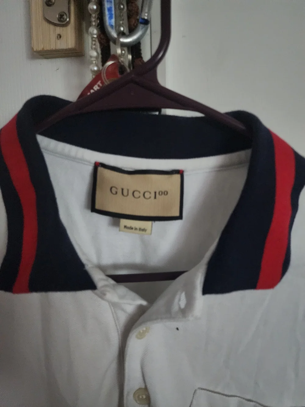 Gucci White Polo with Navy Collar and Red Stripes
